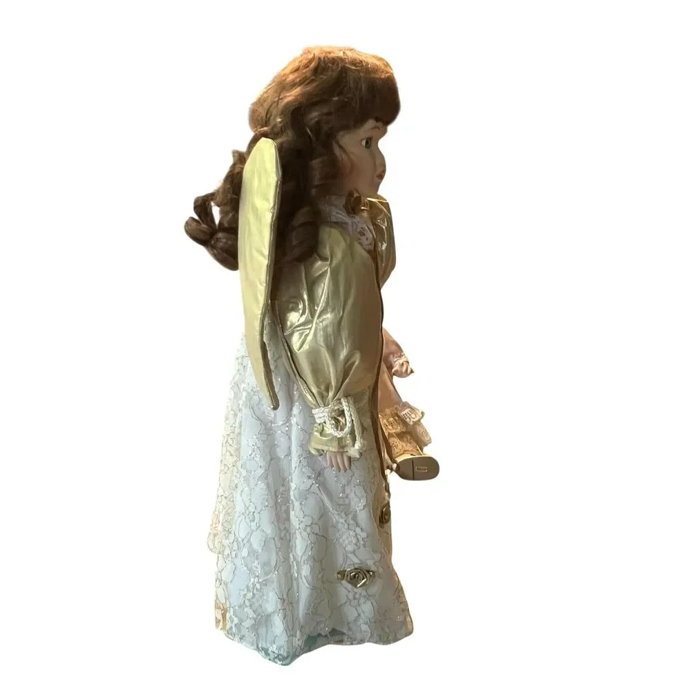Porcelain Angel Doll Gold White Lace Dress Curly Brown Hair Decor Collectible